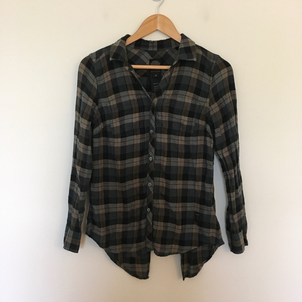 Harley-Davidson Split Back Wrinkled Plaid Flannel Shirt Sz S Linen Cotton Green